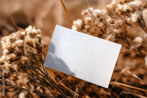 Blank White Card on Dry Field Flowers with Natural Brown Background