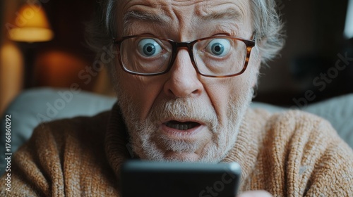 A shocked elderly man in glasses, with bulging eyes, reacts to what he sees on his smartphone screen, held in the foreground. This expressive portrait is ideal for illustrating themes of fraud, fake n