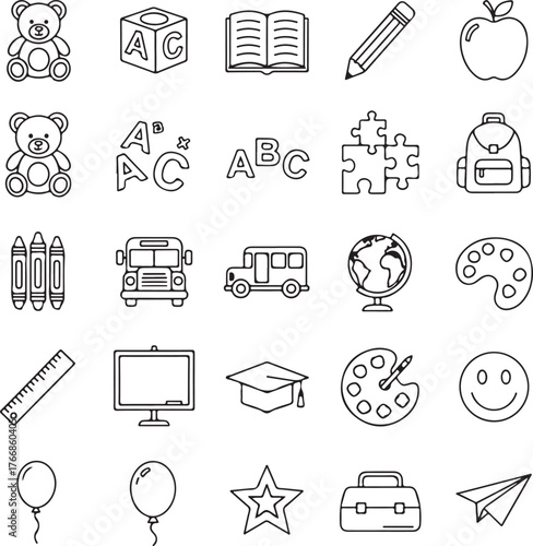 Adorable back-to-school doodles featuring teddy bears, school buses, apples, crayons, puzzles, and more to inspire young minds and creativity!