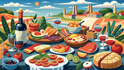 Very beautiful, antipasti or tapas panorama, charcuterie and cheese board, Spanish and Italian gourmet food and drinks, delicatessen spread, fresh ingredients, elegant presentation, and appetizing 