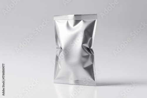Silver foil package mockup for food or snack product on a clean background