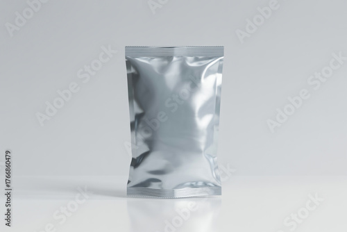 Silver foil pouch standing on a white surface against a neutral background