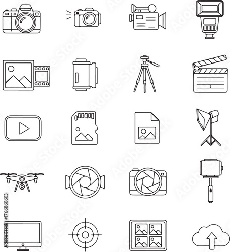 Modern outline icons set perfect for photography, video production, and digital content creation projects with cameras, drone, and editing software elements