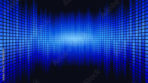 Digital blue background featuring an abstract soundwave or equalizer perspective, creating a futuristic vibrant, grid like tunnel effect. Related to technology, blockchain, music, data, and networking