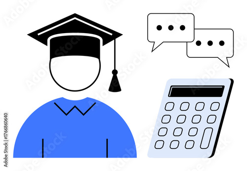 Graduate wearing cap in blue attire, calculator, and speech bubbles symbolizing education, learning, critical thinking, collaboration, communication, problem-solving technology. Simple flat metaphor