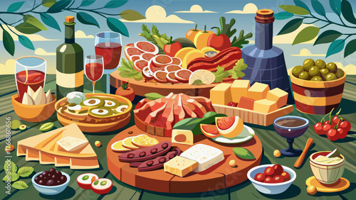 Very beautiful, antipasti or tapas panorama, charcuterie and cheese board, Spanish and Italian gourmet food and drinks, delicatessen spread, fresh ingredients, elegant presentation, and appetizing 