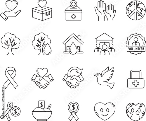 Donate to charity and make a difference concept, help people, save the world, care for earth, love each other, be volunteer, line art vector icons set