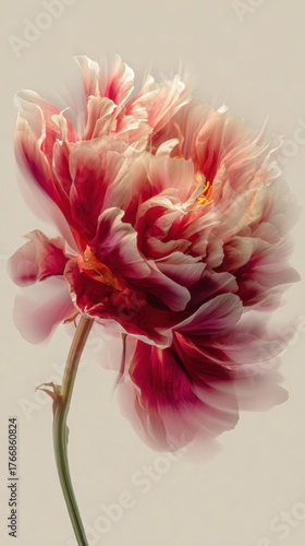 Delicate pink peony flower in full bloom, close up showing soft elegant petals and single stem. romantic floral image isolated on beige background evokes tranquil beauty