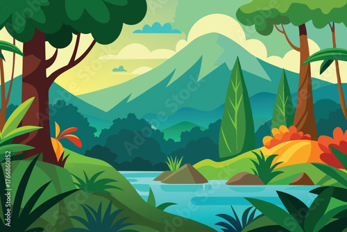 Vibrant cartoon landscape with lush jungle river and majestic mountain backdrop