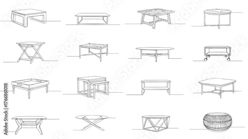 Coffee table collection in black and white line art illustration