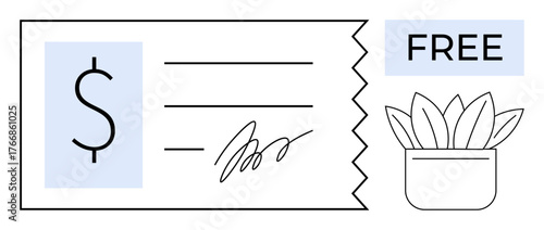 Coupon with dollar sign, signature, and zigzag edge alongside a potted plant and FREE label. Ideal for marketing, sales promotions, giveaways, discounts, retail offers, savings customer rewards