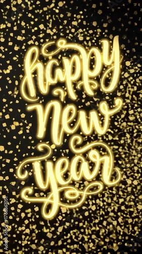 happy new year 2026 explosion celebration text message gold spark vertical bokeh video