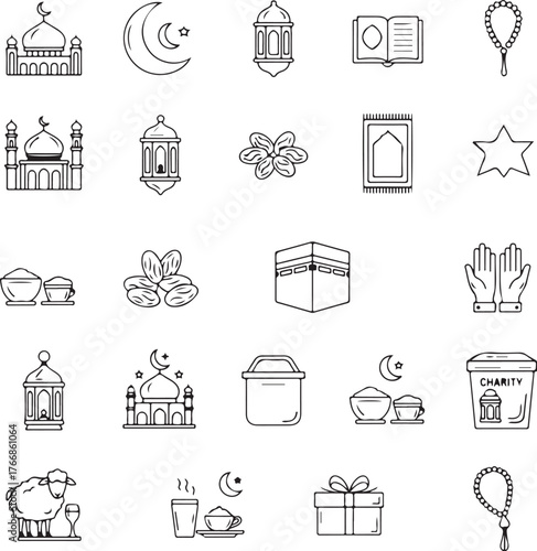 Elegant Ramadan themed icons for graphic design projects and festive greeting cards, featuring mosques, lanterns, dates, and prayer beads in a modern line art style