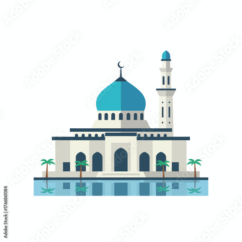 Modern Islamic mosque building with a blue dome and minaret, a flat design vector illustration representing Muslim religious architecture