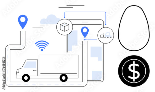 Delivery truck following GPS route, mobile app tracking with package and truck icons, wireless, money sign. Ideal for logistics, delivery, e-commerce, technology, finance tracking connectivity
