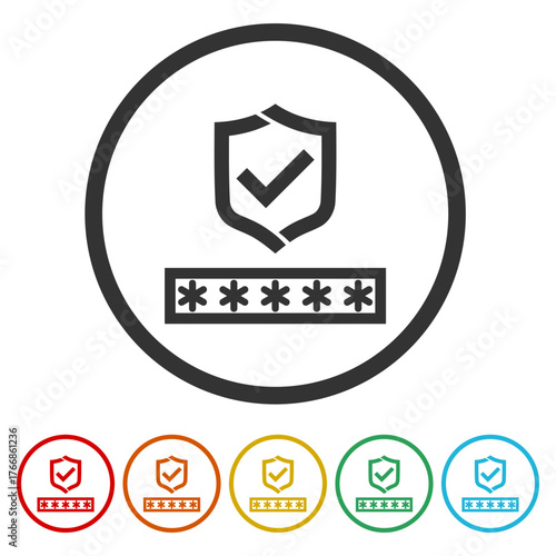 Strong password and protection icon. Set icons in color circle buttons
