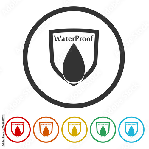 Water Proof shield sign. Set icons in color circle buttons