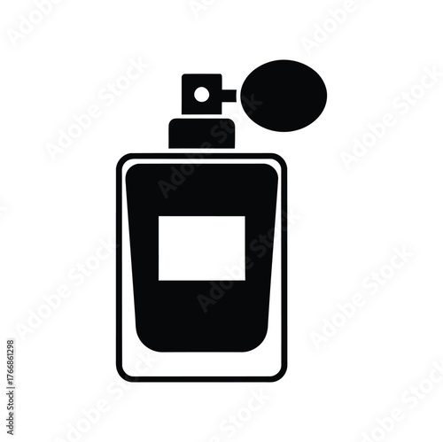 Illustration of a black perfume bottle with a bulb atomizer and a white rectangle label area