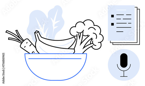 Fresh fruits and vegetables in bowl alongside checklist and microphone. Ideal for nutrition, planning, health, diet, recipes, productivity, communication. Simple flat metaphor