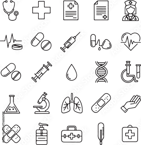 Modern medical icon set for healthcare design projects featuring essential equipment, nurse, pills, science tools, and first aid symbols in a simple line art style