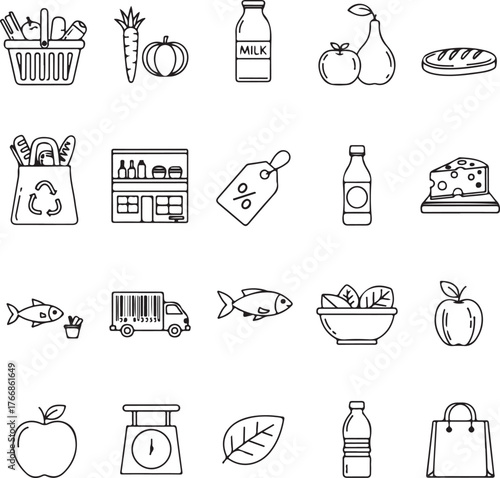 Grocery shopping icons convey healthy eating, sustainable choices, and fresh food delivery, perfect for marketing campaigns and dietary guides
