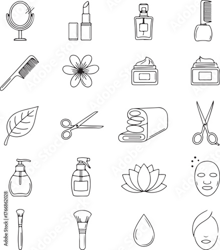 Explore beauty essentials and self-care icons in this sleek line art collection, perfect for cosmetic brands, wellness blogs, and spa promotions!