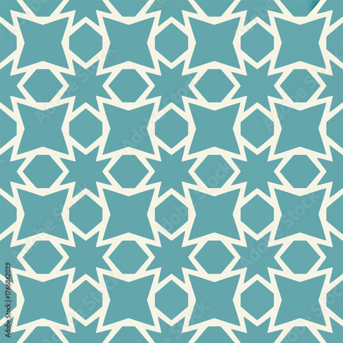 Teal and white geometric pattern with repeating star and diamond shapes