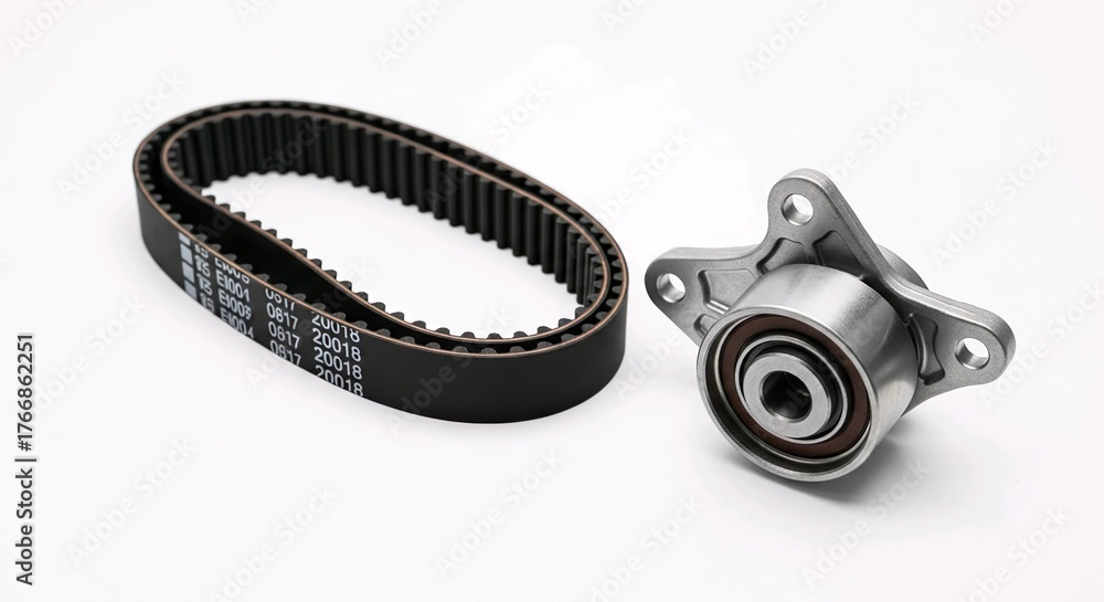 Obraz premium A timing belt with tensioner pulley arranged neatly on a white surface, realistic lighting, clean automotive design.