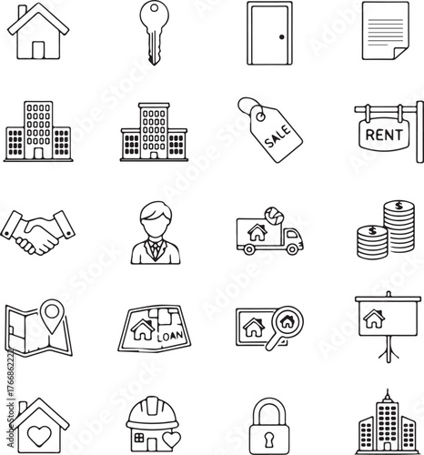 Real estate icon set showcases property concepts for sale, rent, loans, and building, perfect for websites, apps, and presentations on housing markets