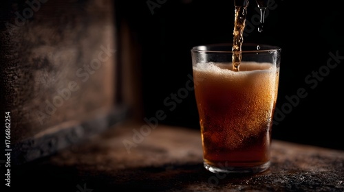 Wallpaper Mural Amber colored beverage being poured into a clear glass creating a frothy head in a dark atmospheric setting Torontodigital.ca