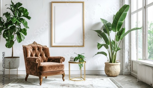 Elegant Living Room Interior with Plants and Artwork.