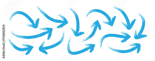 Grunge arrows vector set. Hand drawn freehand different curved and swirls arrows. Collection of hand drawn doodle thick arrows in different directions. Vector Design. 