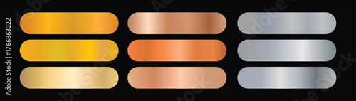 Gold, bronze and silver gradient set. Golden and metallic gradient collection. Luxury design for award, medal, win. Steel frame. Vector illustration