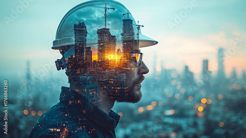 Profile of male construction worker in bustling cityscape Generative AI