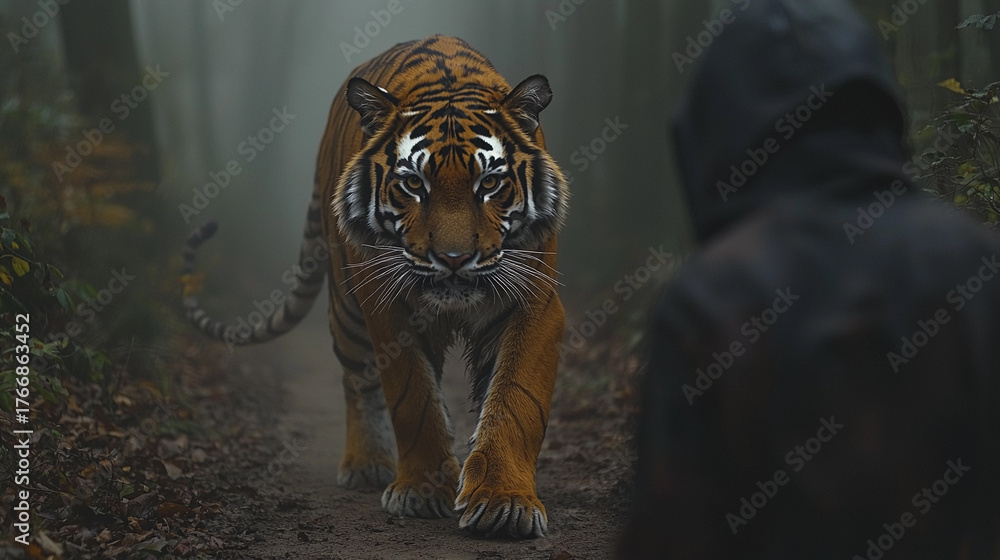 Naklejka premium Orange tiger walking on dusty path in fog Generative AI
