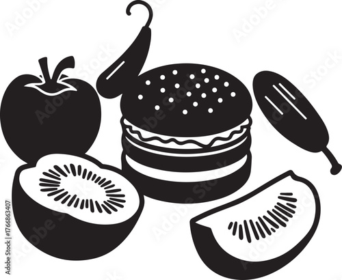 Black and white illustration of a hamburger kiwi and tomato