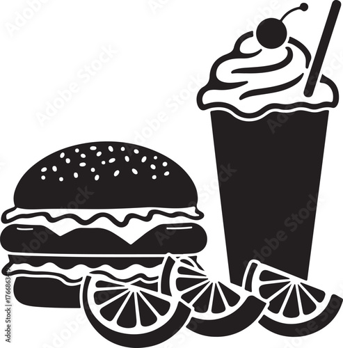 Black and white illustration of a hamburger milkshake and orange slices