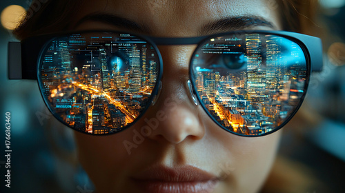Modern AR glasses showcase a vibrant cityscape Generative AI