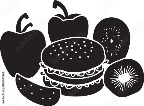 Black and white illustration of a hamburger with bell peppers and kiwi slices