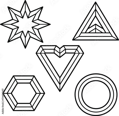 Collection of geometric shapes including a star, triangle, heart, hexagon, and circle, isolated on white background