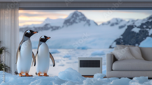 Penguins standing on ice floe in Antarctica at sunset Generative AI