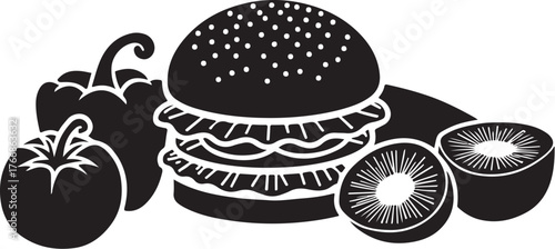 Black and white illustration of a hamburger with vegetables and kiwi