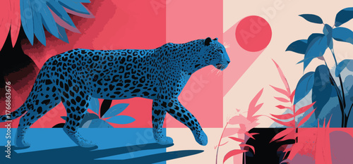 Vector art of blue leopard walking in the jungle with pink plants and sun illustration