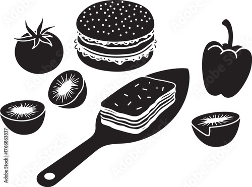 Black and white illustration of food items tomato kiwi