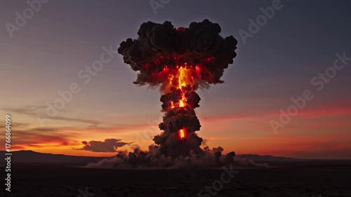Massive nuclear bomb detonation creating a terrifying mushroom cloud and fireball during a beautiful sunset, symbolizing the immense destructive power of atomic weapons and the threat of war