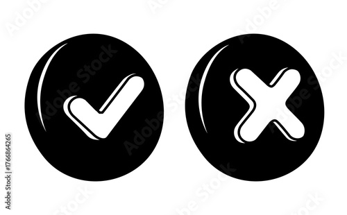 Right and wrong, acceptance and rejection concept. Round icons buttons with a check mark and cross. Vector Illustration