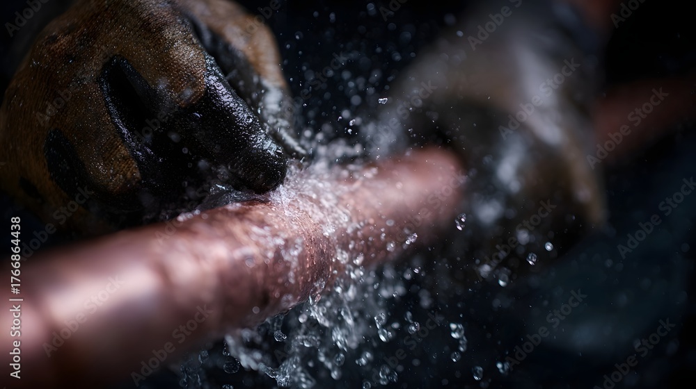 Fototapeta premium Gloved hands work on a wet copper pipe creating a dynamic splash of water in a close up industrial setting