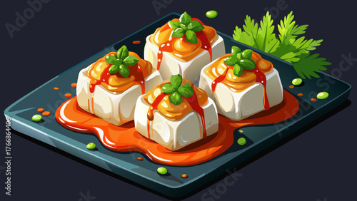 Very beautiful, white cubed scallops topped with spicy sauce and fresh cilantro garnish served on black slate plate, close-up view of gourmet Asian fusion appetizer, elegant presentation, and vibrant 
