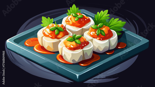 Very beautiful, white cubed scallops topped with spicy sauce and fresh cilantro garnish served on black slate plate, close-up view of gourmet Asian fusion appetizer, elegant presentation, and vibrant 