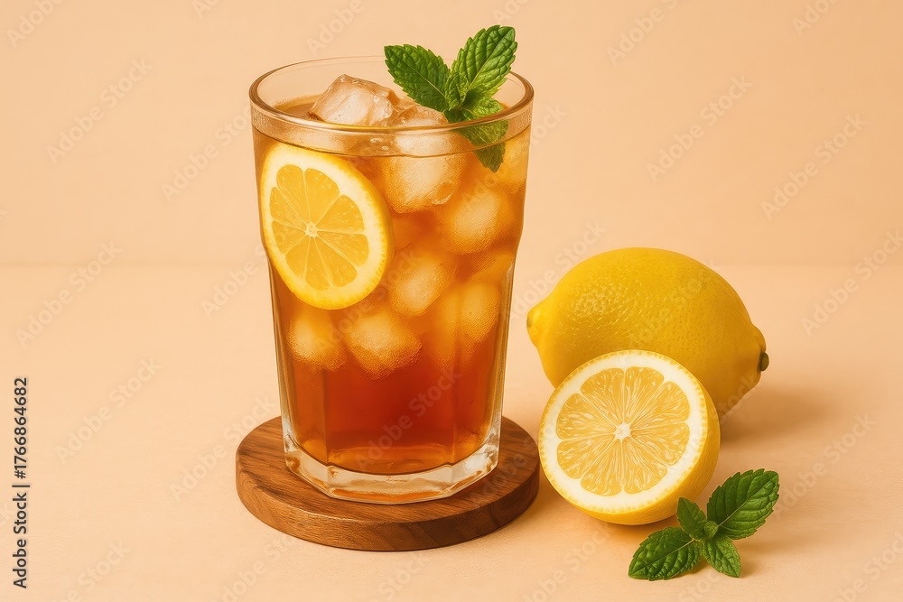Fototapeta premium Refresh with cold iced tea and fresh lemon slices, a summer drink